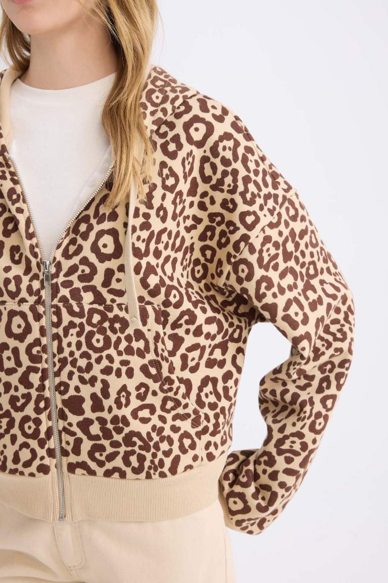 Loose Fit  Hooded Zippered Leopard Sweatshirt