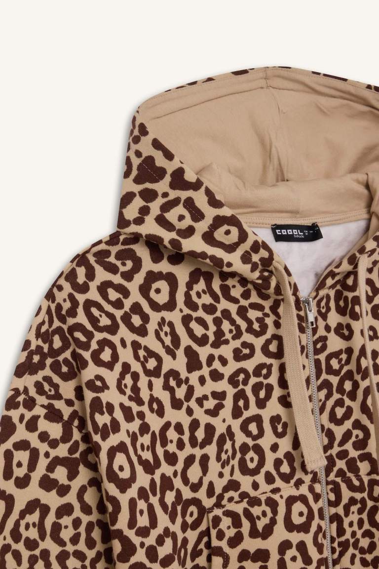 Loose Fit  Hooded Zippered Leopard Sweatshirt