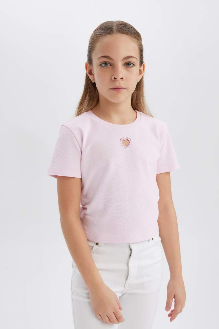 T-shirt slim à col rond et manches courtes avec motif cœur pour fille