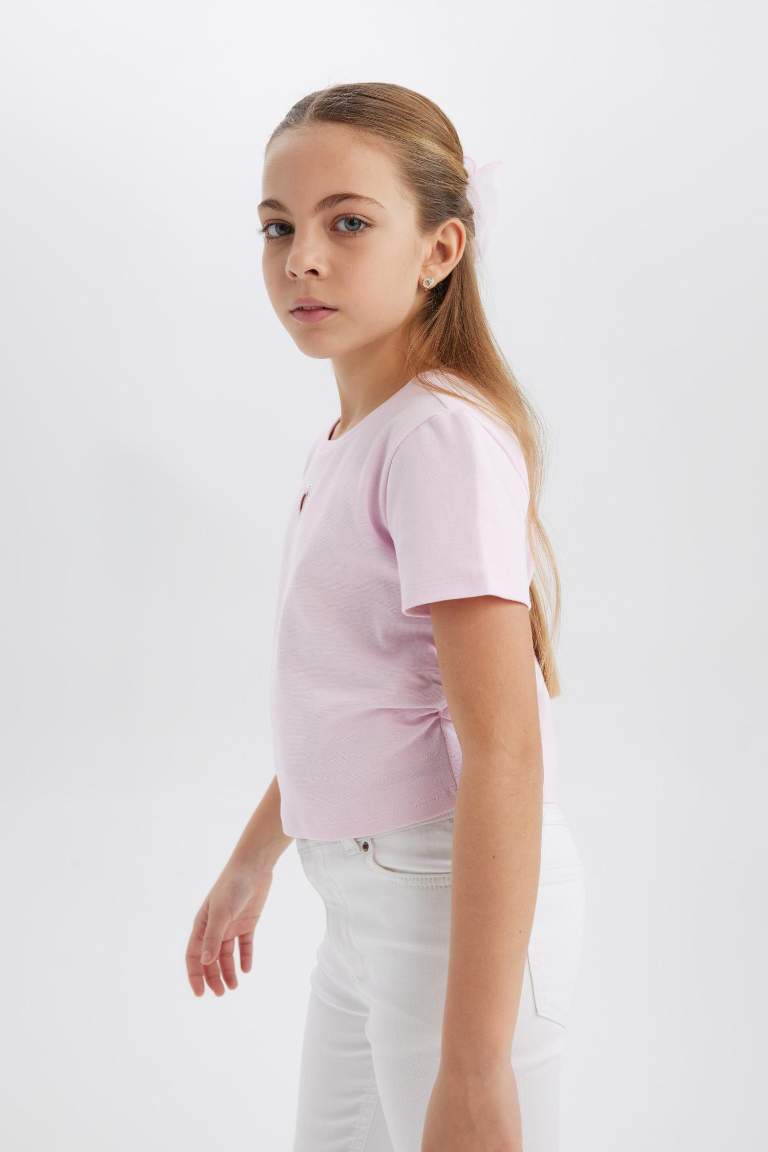 T-shirt slim à col rond et manches courtes avec motif cœur pour fille