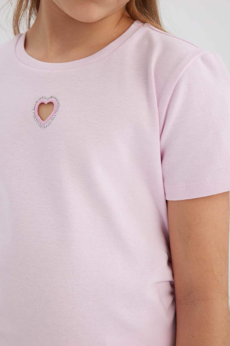 Girl Slim Fit Crew Neck Heart Patterned Ribbed T-Shirt