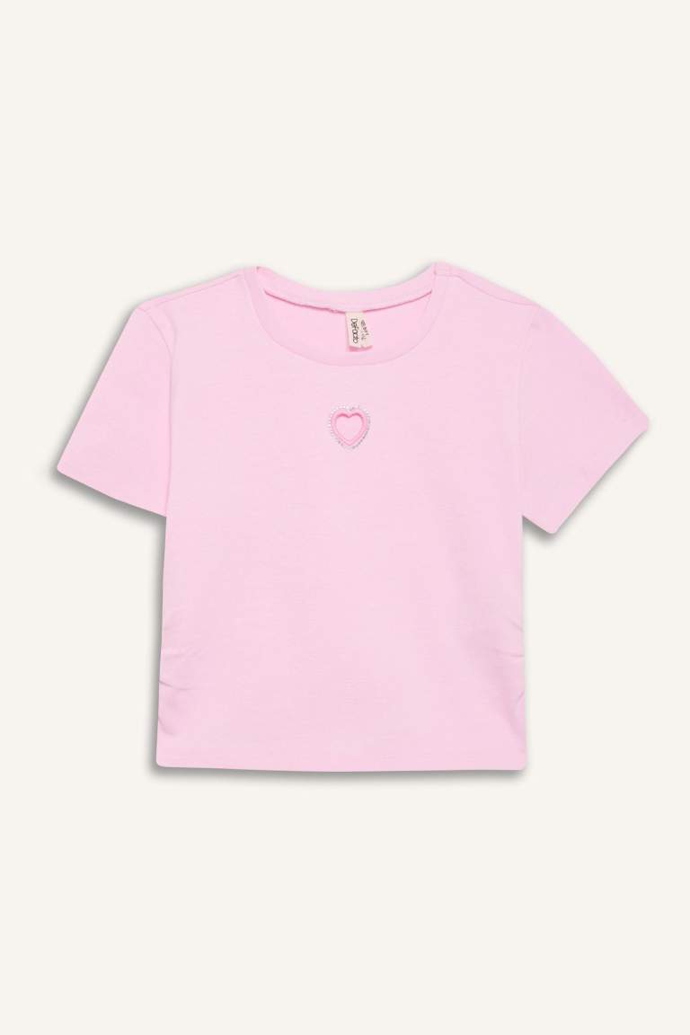 Girl Slim Fit Crew Neck Heart Patterned Ribbed T-Shirt