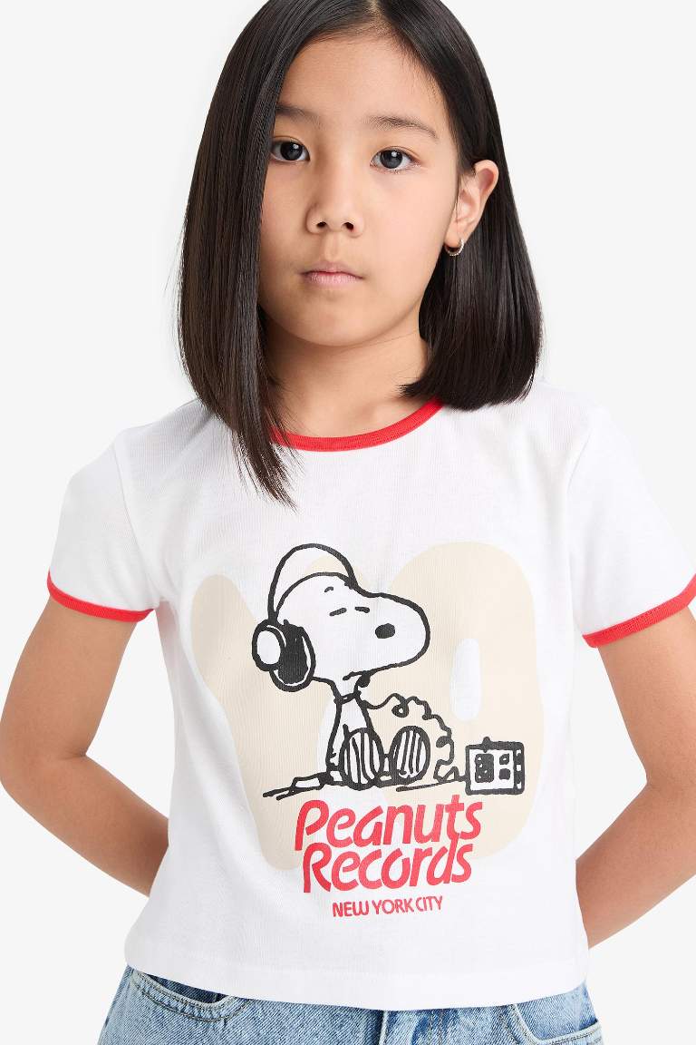 Футболка для девочки crop top с принтом Snoopy, с круглым вырезом, из вязаного хлопка с коротким рукавом