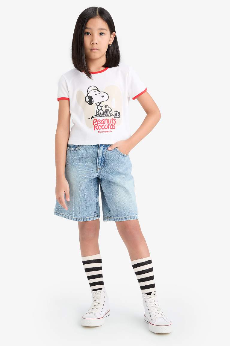 Футболка для девочки crop top с принтом Snoopy, с круглым вырезом, из вязаного хлопка с коротким рукавом