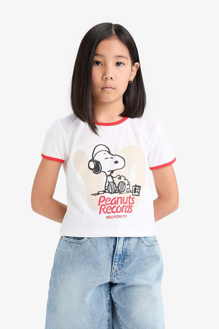 Футболка для девочки crop top с принтом Snoopy, с круглым вырезом, из вязаного хлопка с коротким рукавом