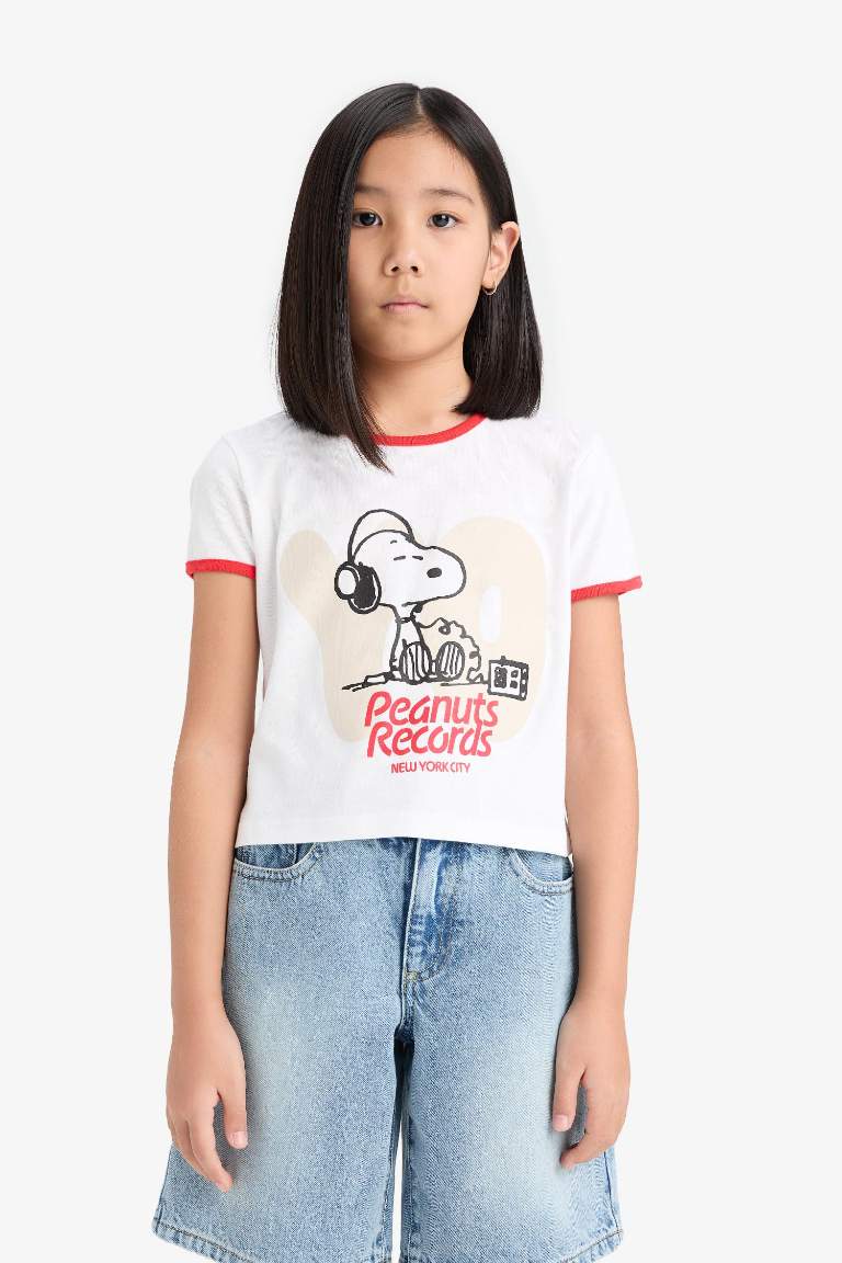 Футболка для девочки crop top с принтом Snoopy, с круглым вырезом, из вязаного хлопка с коротким рукавом