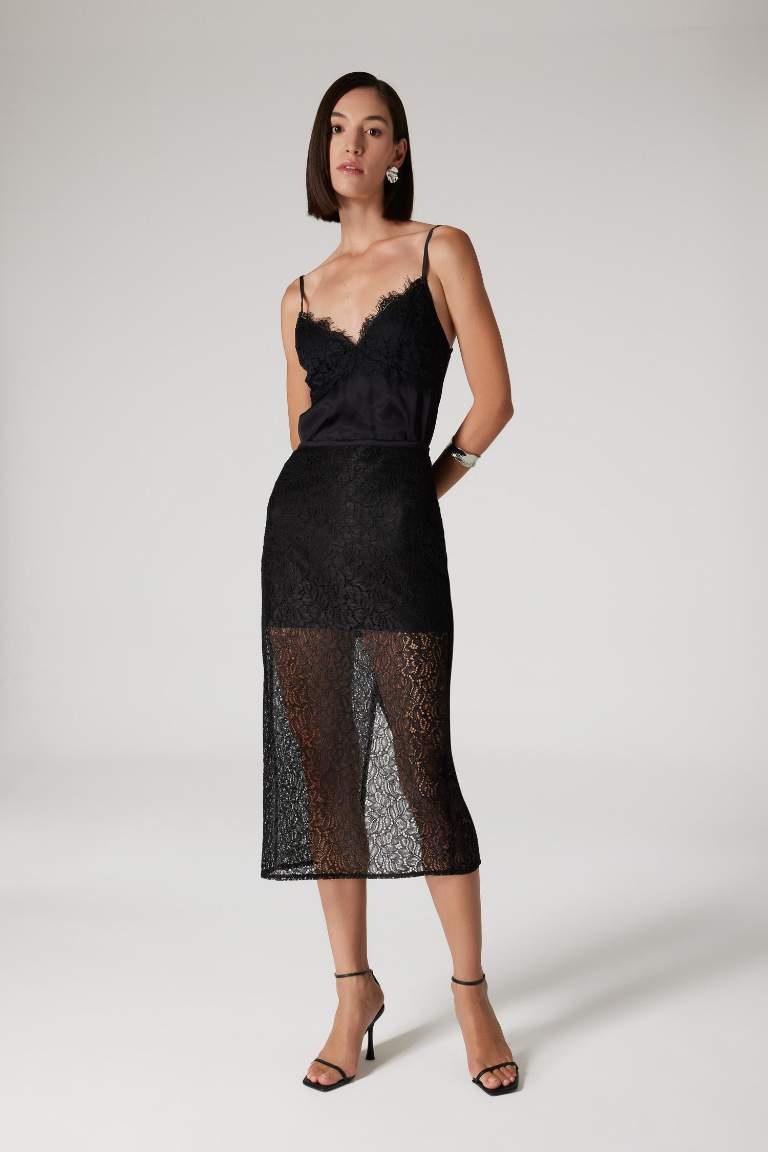 Sorbe x DeFacto Zippered Lace Fabric Basic Slit Midi Black Skirt