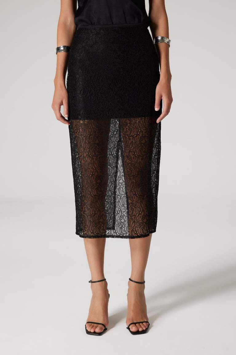 Sorbe x DeFacto Zippered Lace Fabric Basic Slit Midi Black Skirt