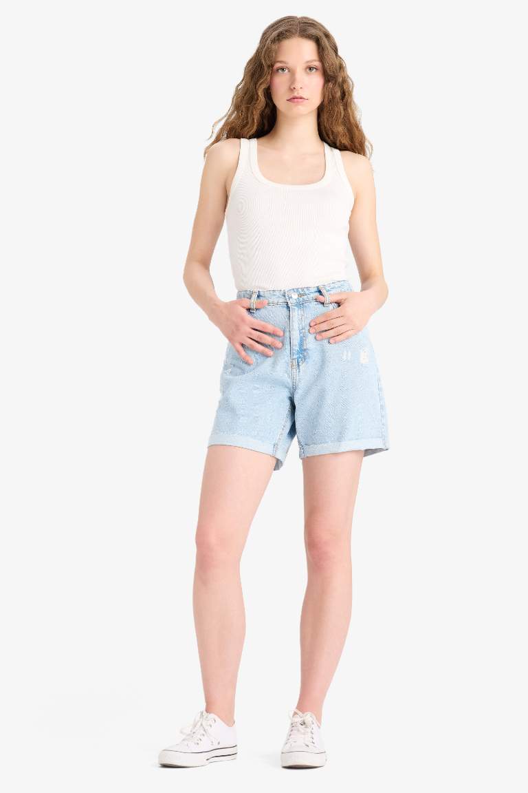Boyfriend Yüksek Bel Yıkamalı Duble Paça Jean Şort