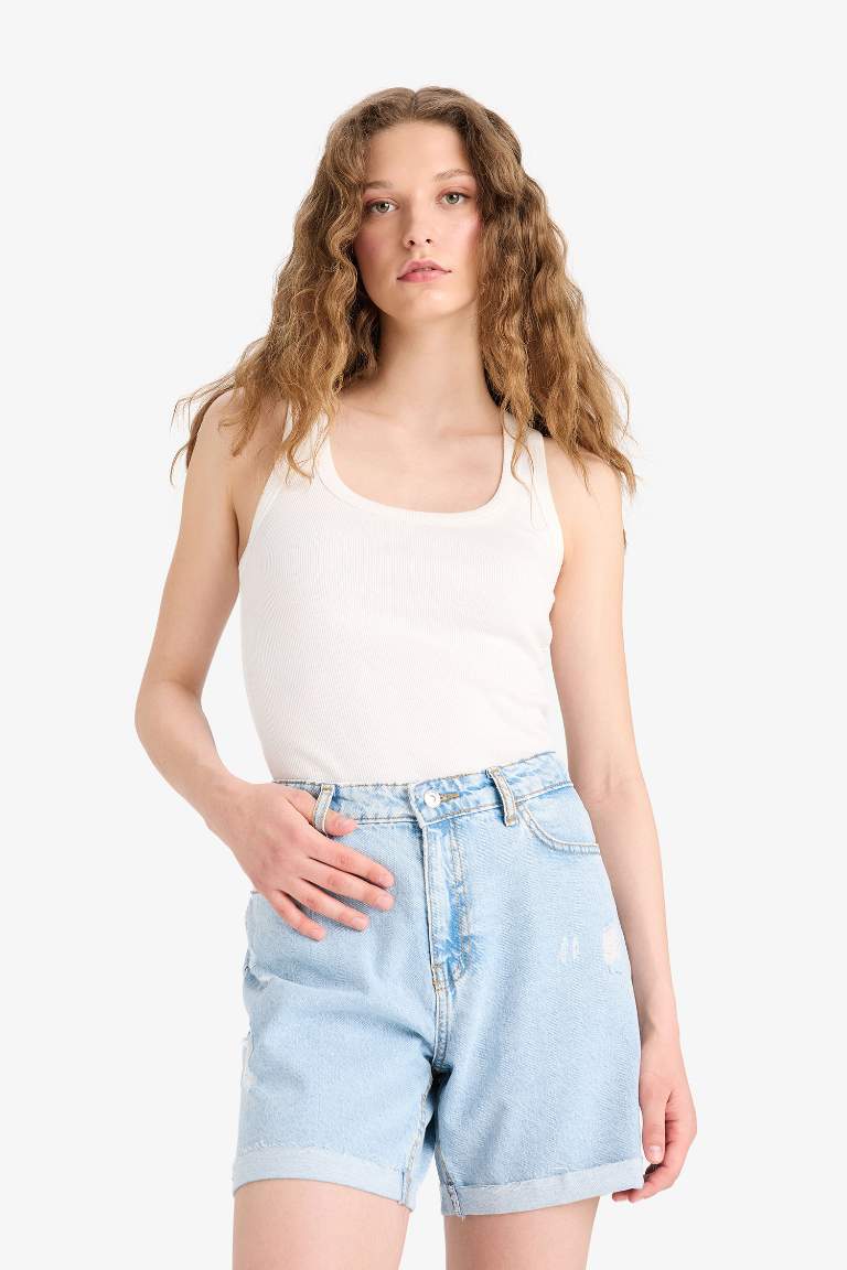 Boyfriend Yüksek Bel Yıkamalı Duble Paça Jean Şort