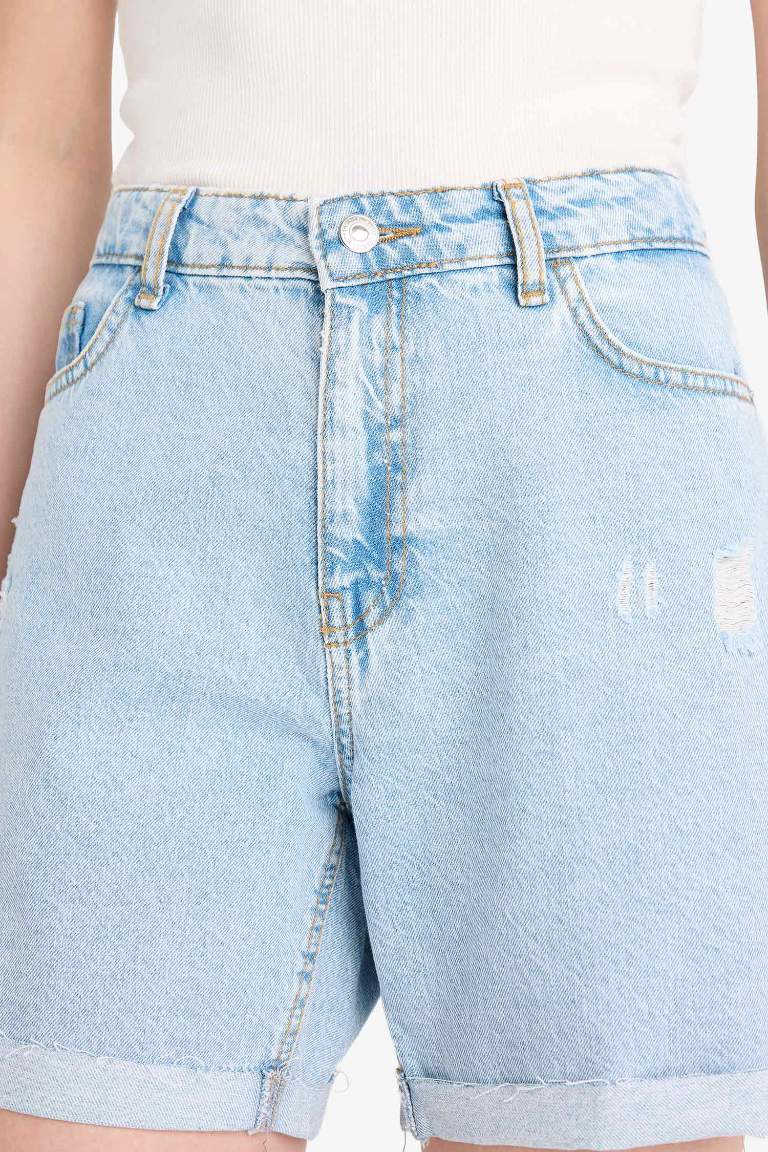 Boyfriend Yüksek Bel Yıkamalı Duble Paça Jean Şort