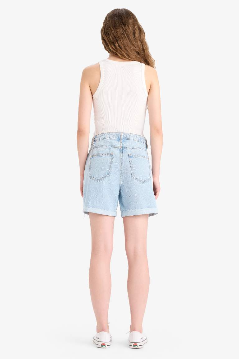 Boyfriend Yüksek Bel Yıkamalı Duble Paça Jean Şort