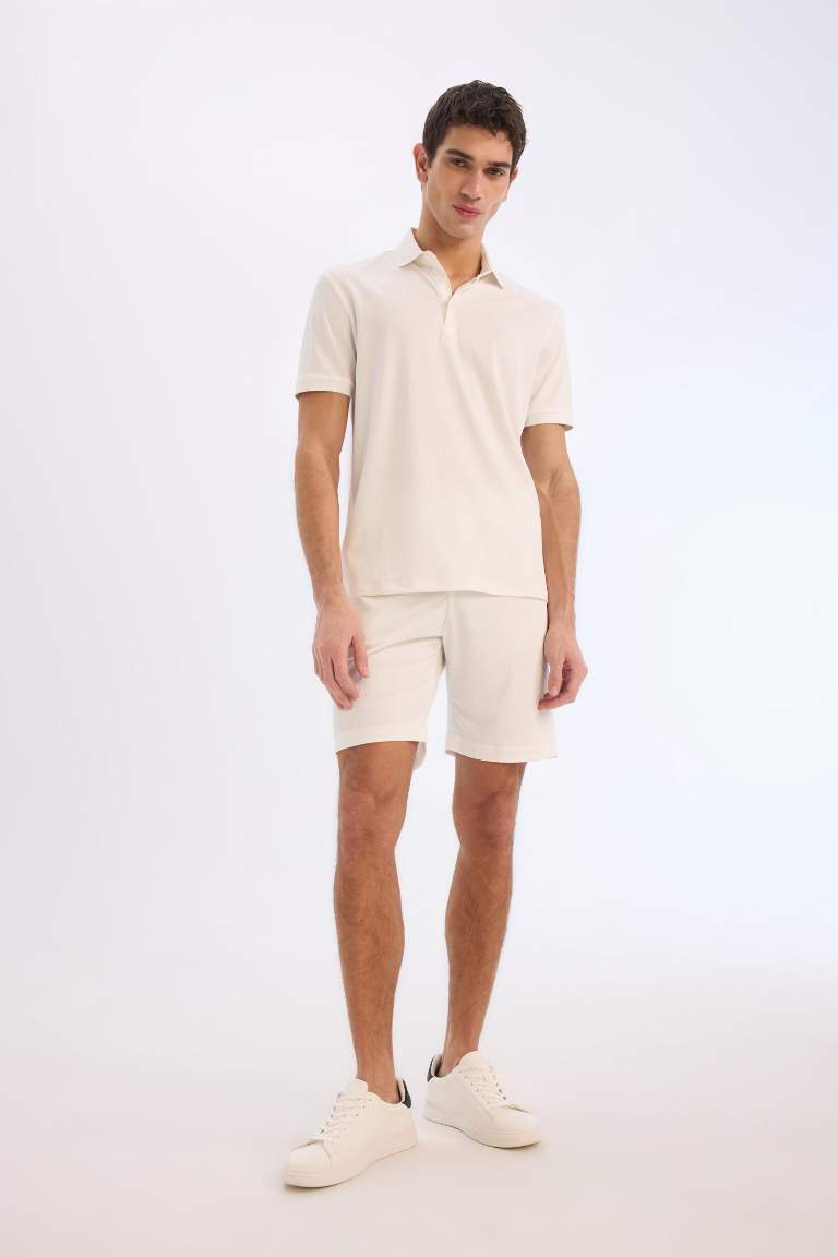 Regular Fit Beli Bağcıklı Krinkıl Bermuda Şort