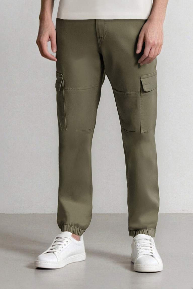 Gabardine Elastic Waist Leg Jogger Cargo Pants