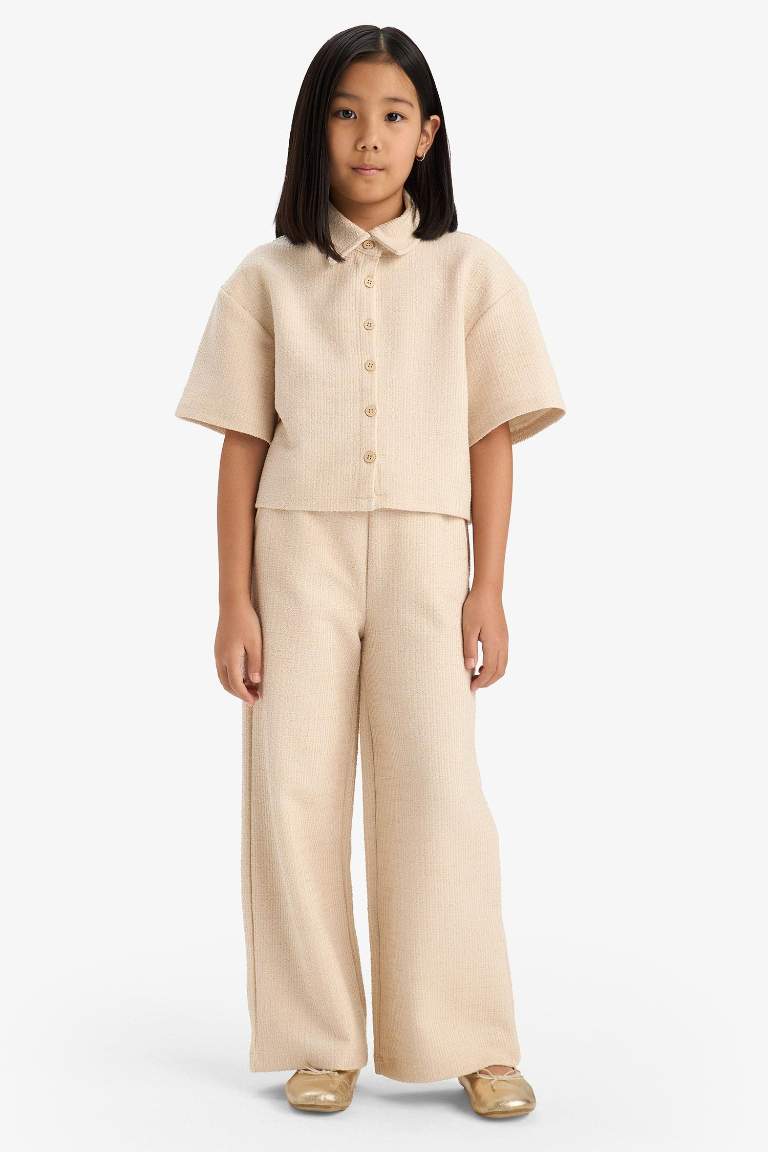 Kız Çocuk Beli Lastikli Wide Leg Geniş Bol Paça Bürümcük Pantolon