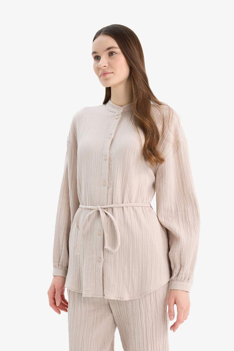 Relax Fit Basic Laced Muslin Long Sleeve Shirt