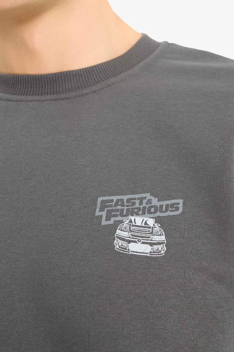 Fast & Furious Boxy Fit Bisiklet Yaka Sırt Baskılı Kalın Sweatshirt
