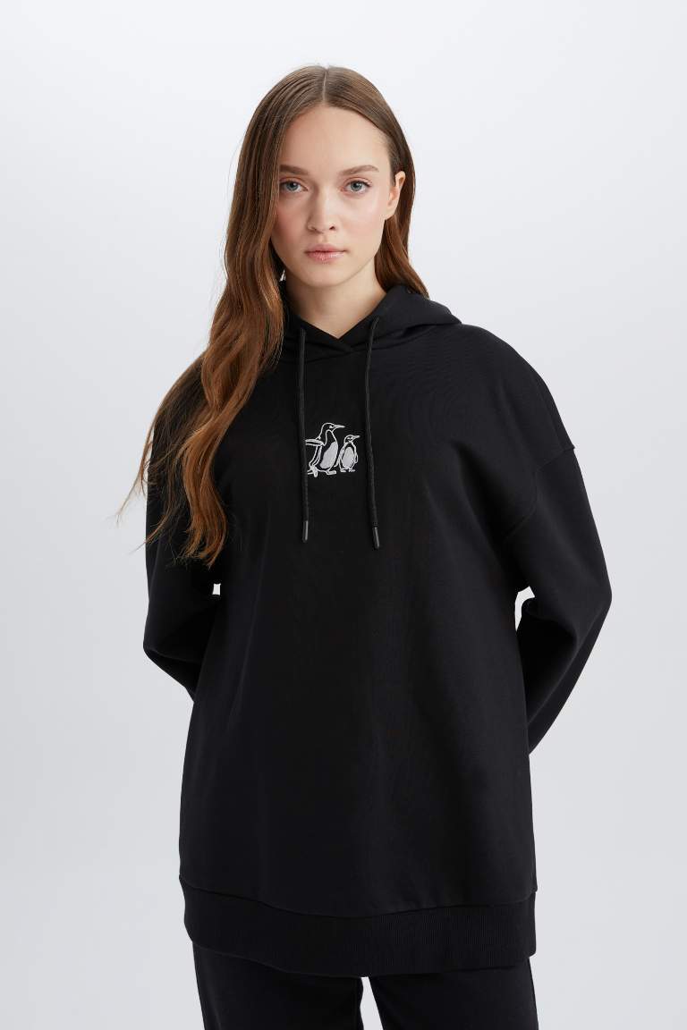 Relax Fit Kapüşonlu İçi Yumuşak Tüylü Nakışlı Kalın Sweatshirt Tunik