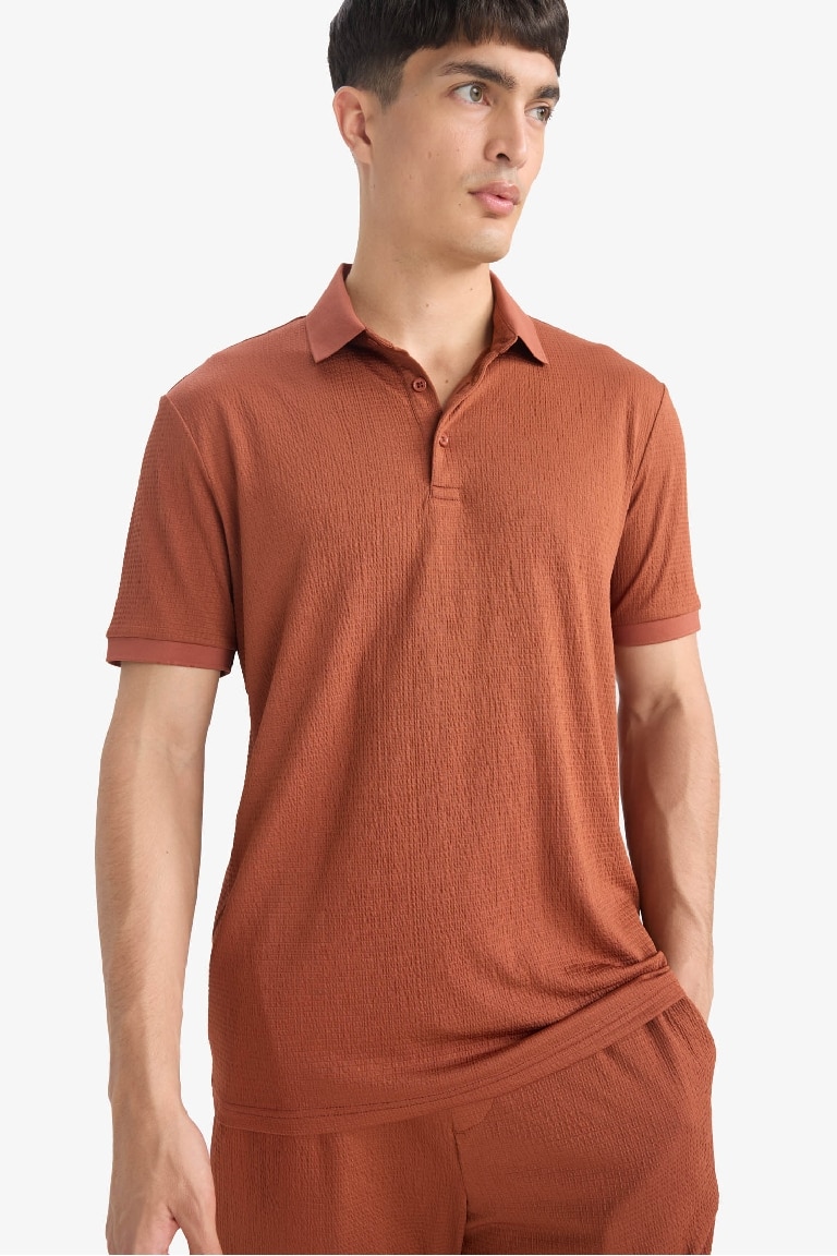 Slim Fit Dar Kesim Polo Yaka Dokulu Kısa Kollu Krinkıl Tişört