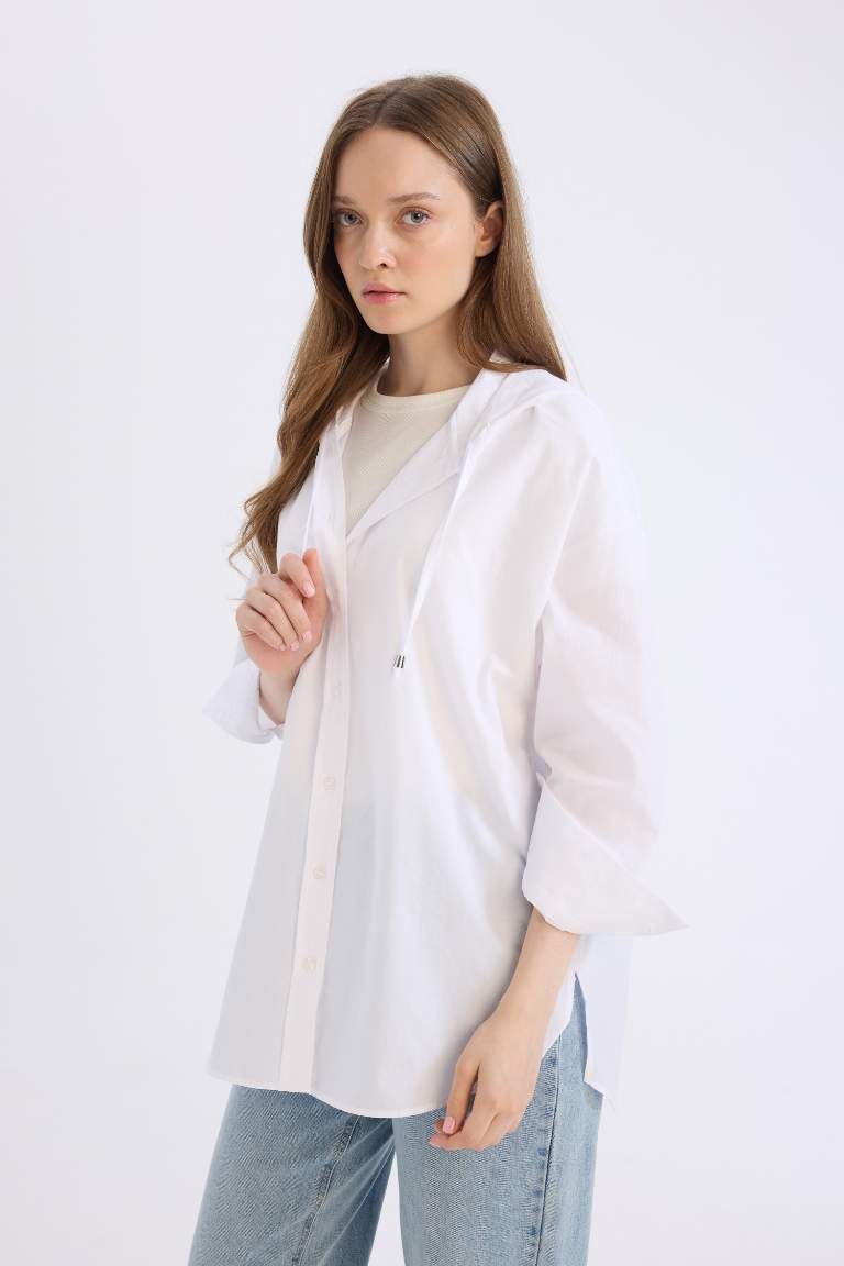 Relax Fit Hooded Basic Poplin White Shirt Tunic