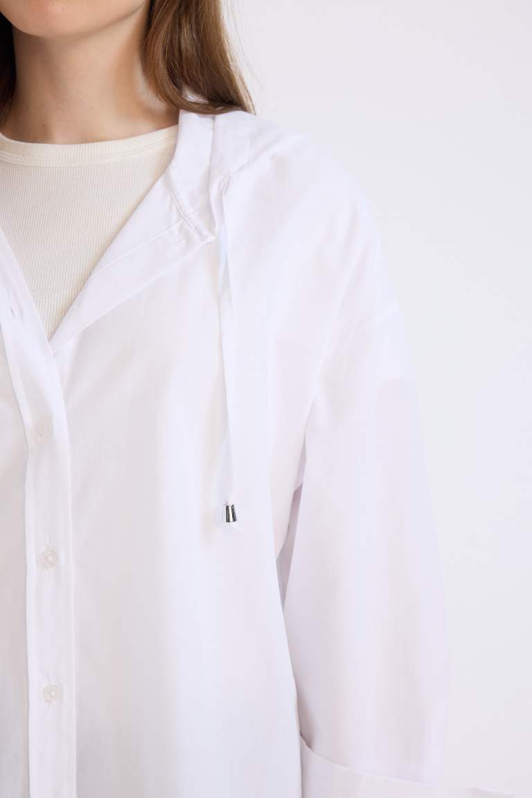 Relax Fit Hooded Basic Poplin White Shirt Tunic