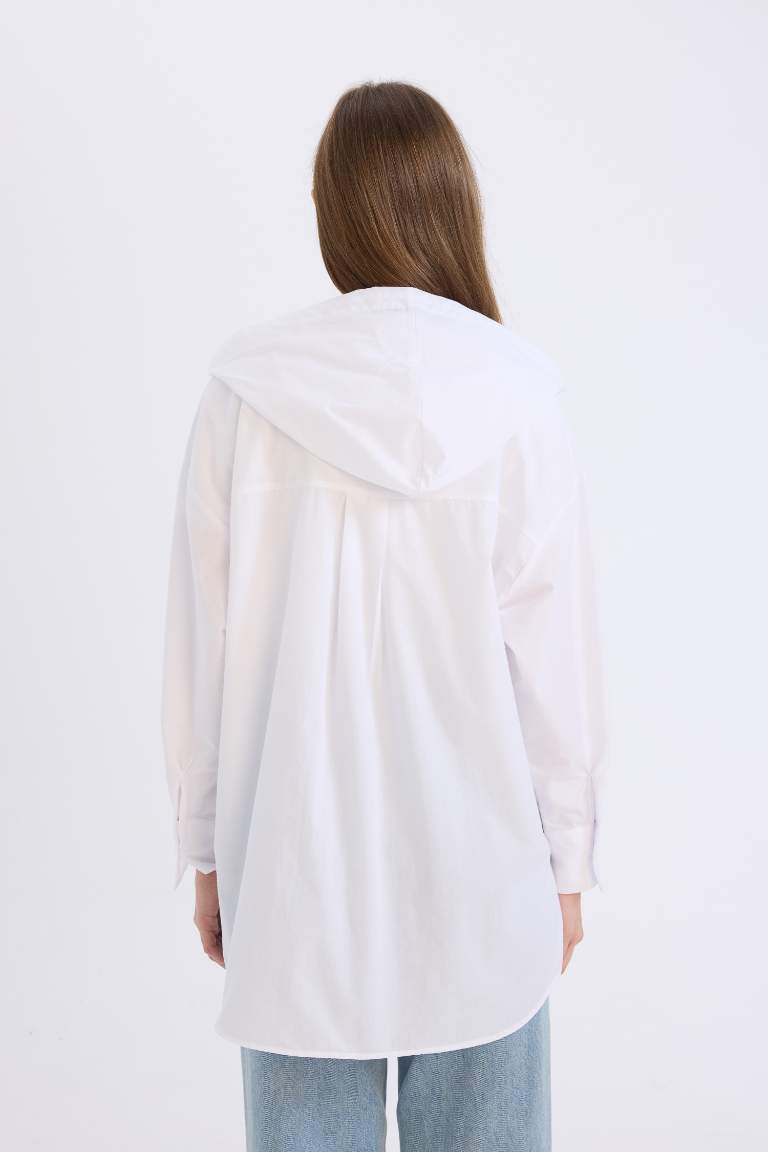 Relax Fit Hooded Basic Poplin White Shirt Tunic