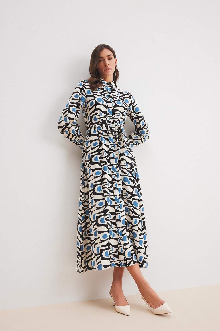 Shirt Collar Patterned Belted Long Sleeve Maxi Dress