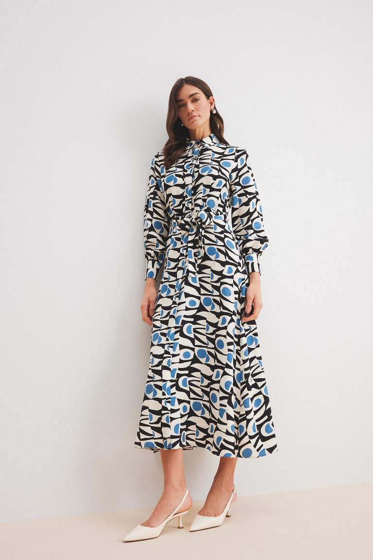 Shirt Collar Patterned Belted Long Sleeve Maxi Dress