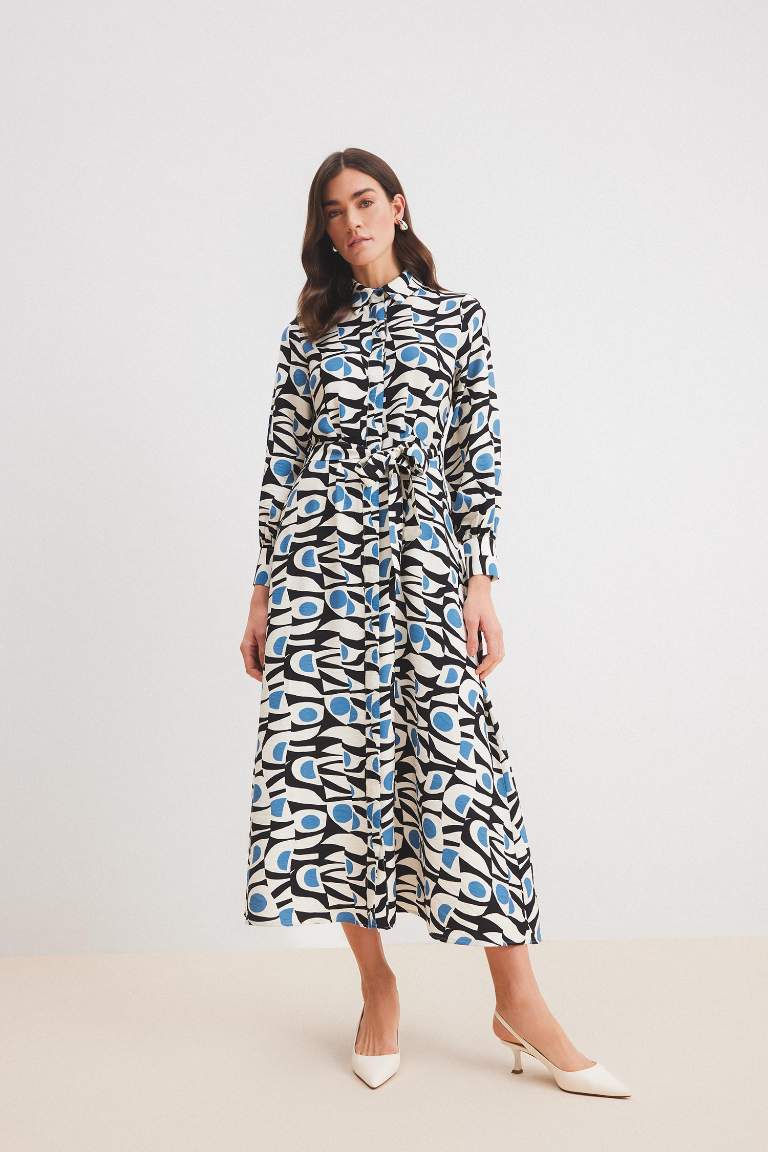 Shirt Collar Patterned Belted Long Sleeve Maxi Dress