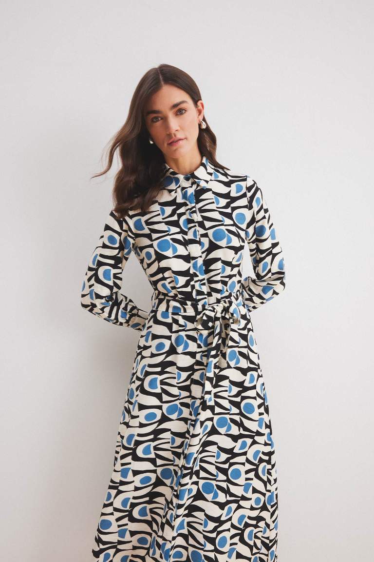 Shirt Collar Patterned Belted Long Sleeve Maxi Dress