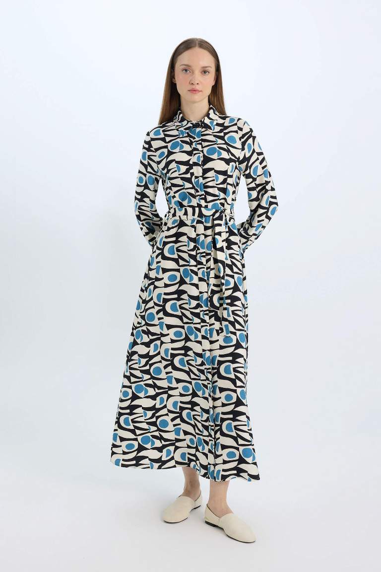 Shirt Collar Patterned Belted Long Sleeve Maxi Dress