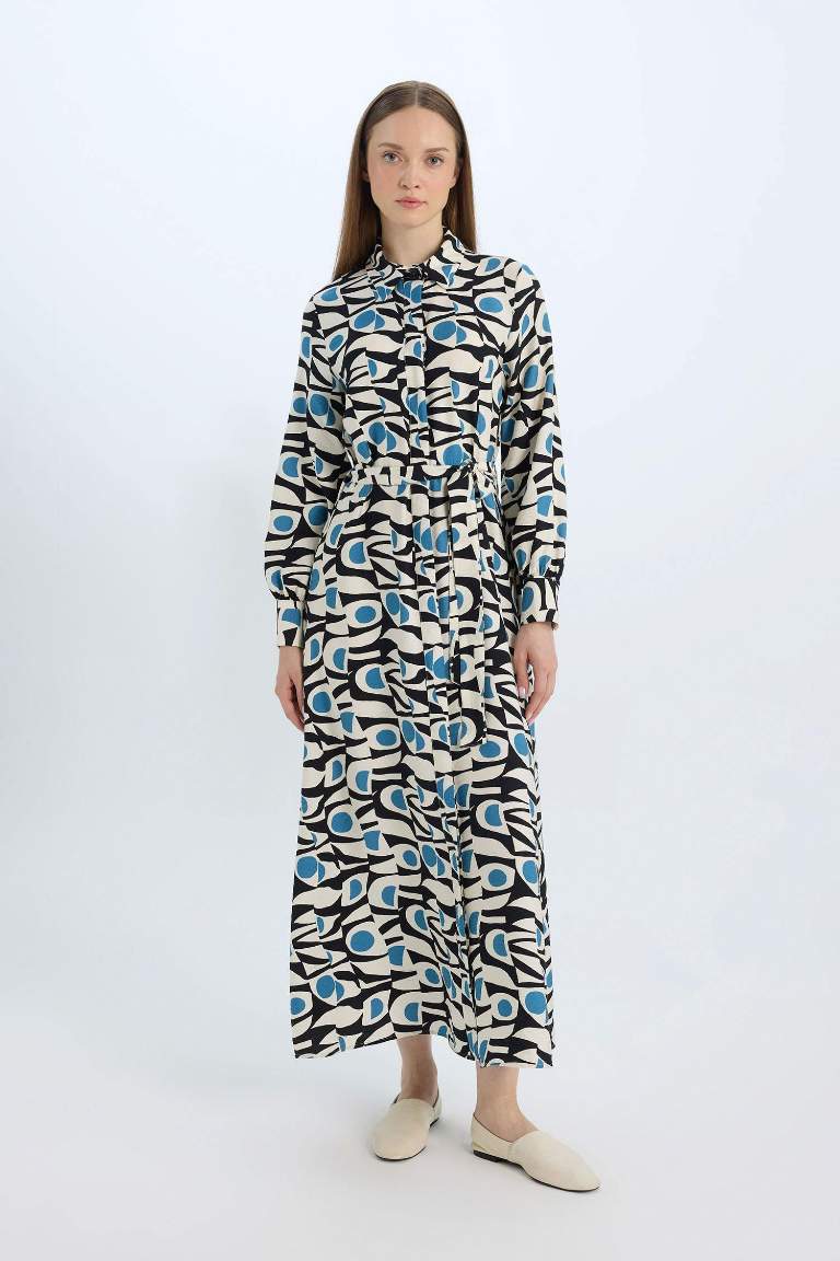 Shirt Collar Patterned Belted Long Sleeve Maxi Dress