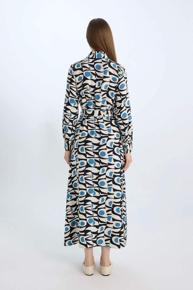 Shirt Collar Patterned Belted Long Sleeve Maxi Dress