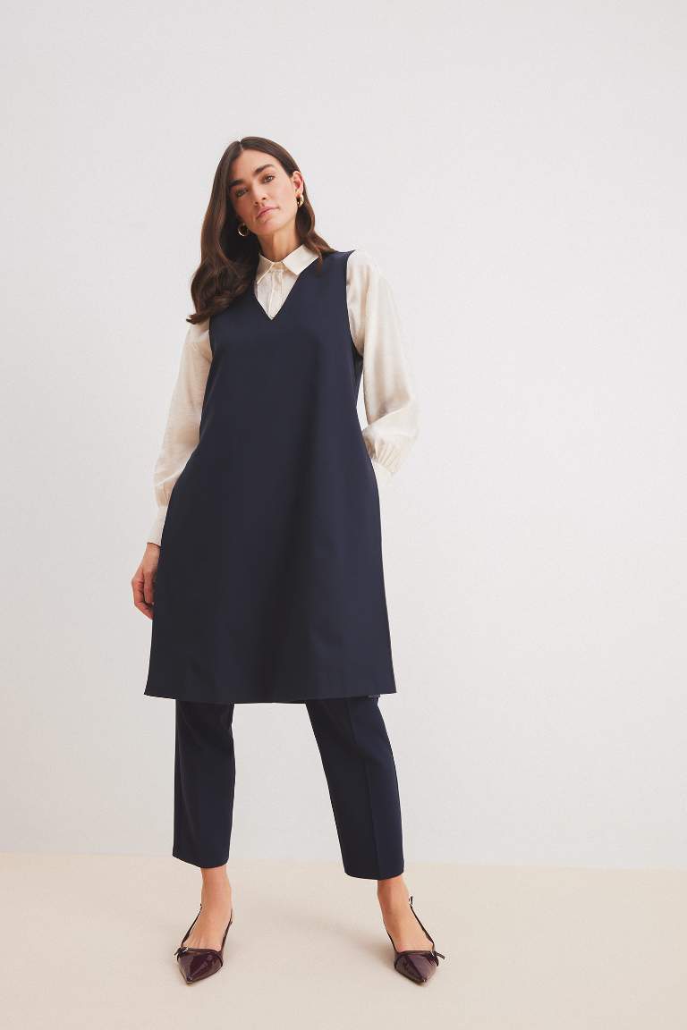 Regular Fit V Neck Basic Long Vest