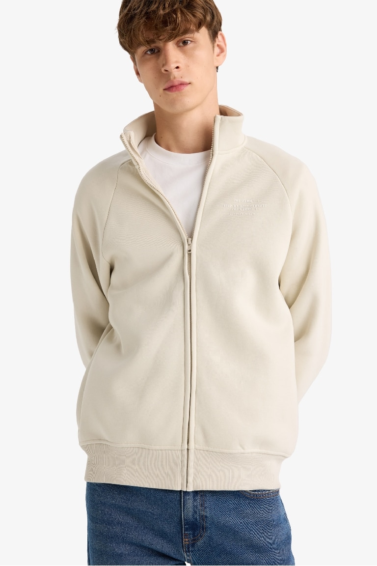 Boxy Fit Dik Yaka Baskılı İçi Yumuşak Tüylü Cepli Fermuarlı Sweatshirt