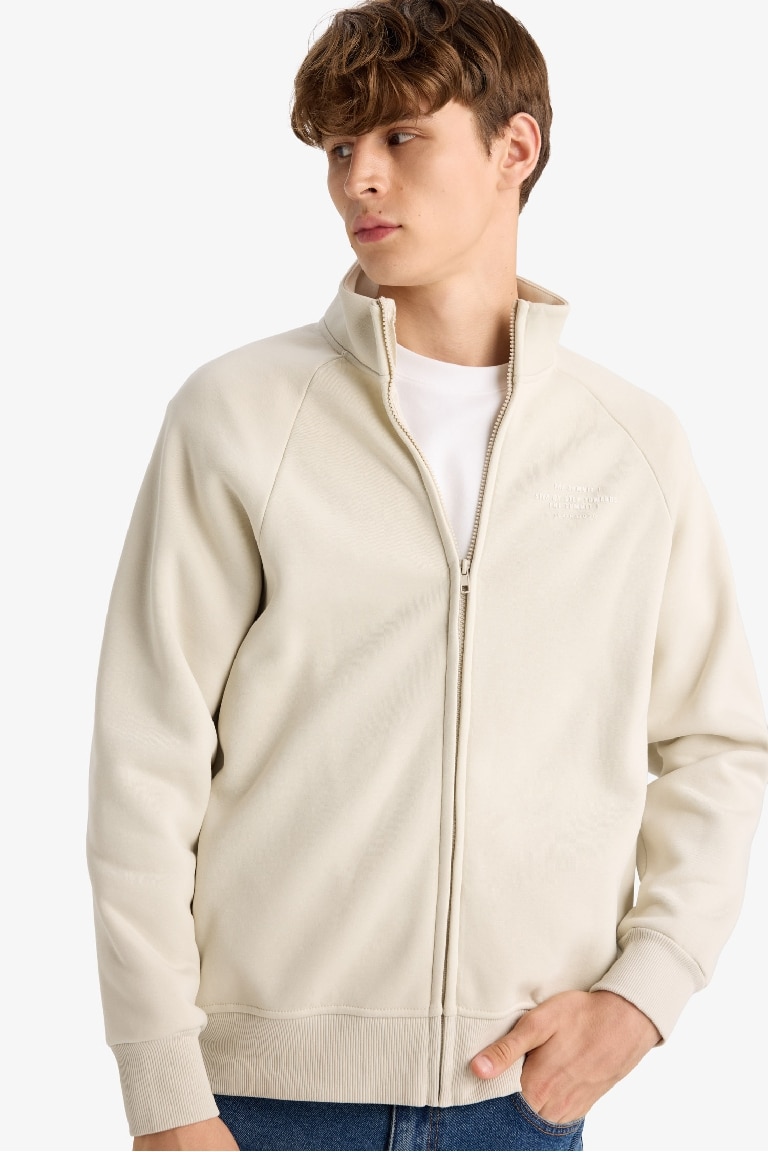 Boxy Fit Dik Yaka Baskılı İçi Yumuşak Tüylü Cepli Fermuarlı Sweatshirt