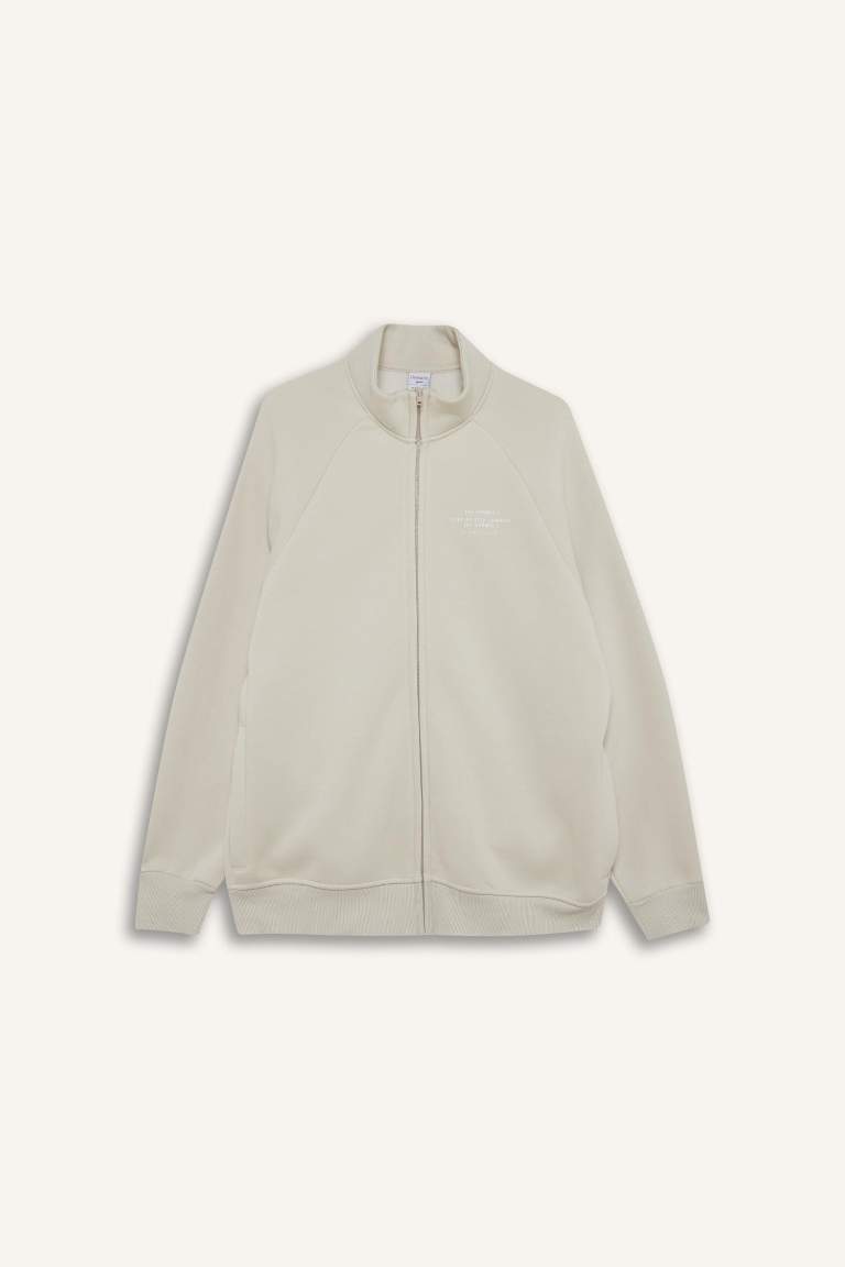 Boxy Fit Dik Yaka Baskılı İçi Yumuşak Tüylü Cepli Fermuarlı Sweatshirt