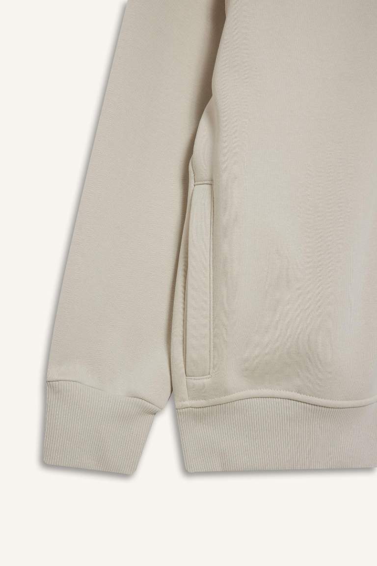 Boxy Fit Dik Yaka Baskılı İçi Yumuşak Tüylü Cepli Fermuarlı Sweatshirt