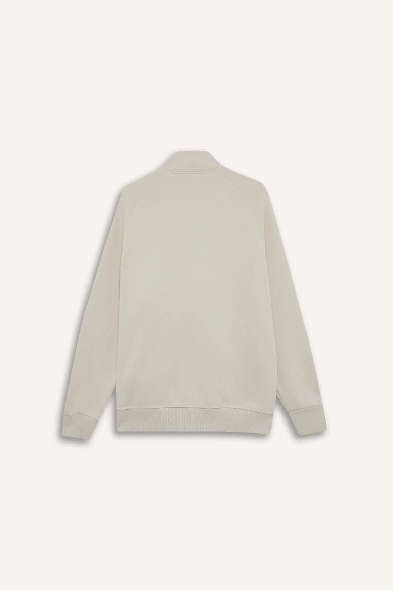 Boxy Fit Dik Yaka Baskılı İçi Yumuşak Tüylü Cepli Fermuarlı Sweatshirt