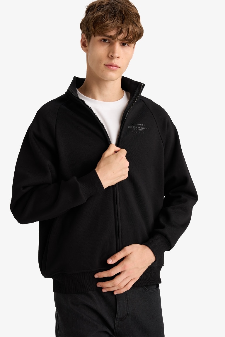 Boxy Fit Dik Yaka Baskılı İçi Yumuşak Tüylü Cepli Fermuarlı Sweatshirt