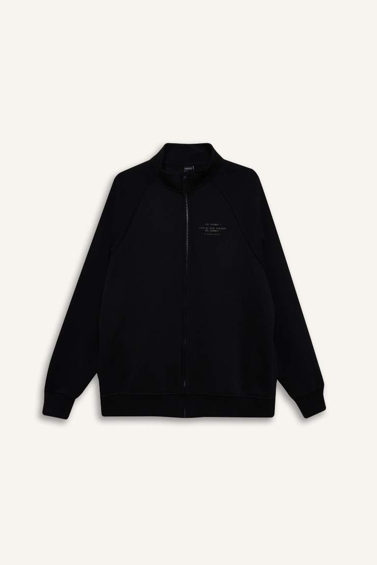 Boxy Fit Dik Yaka Baskılı İçi Yumuşak Tüylü Cepli Fermuarlı Sweatshirt