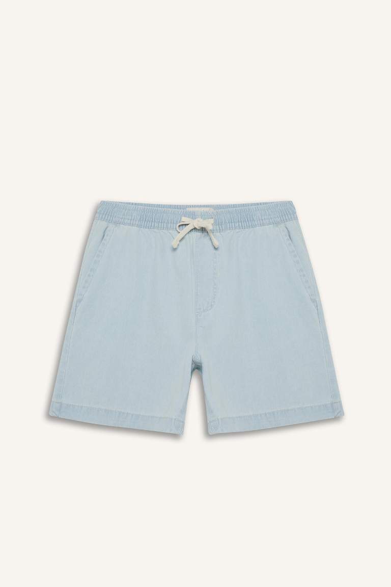 %100 Pamuk Beli Lastikli Loose Fit Rahat Jean Bermuda