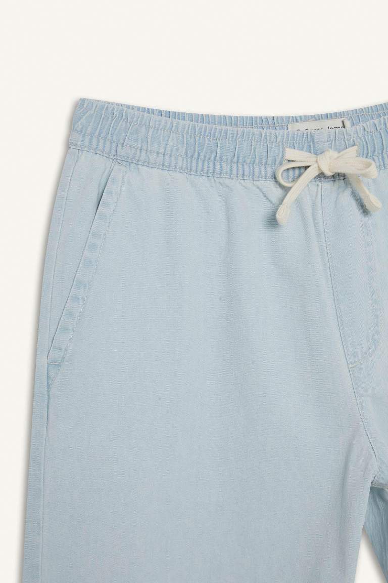 %100 Pamuk Beli Lastikli Loose Fit Rahat Jean Bermuda