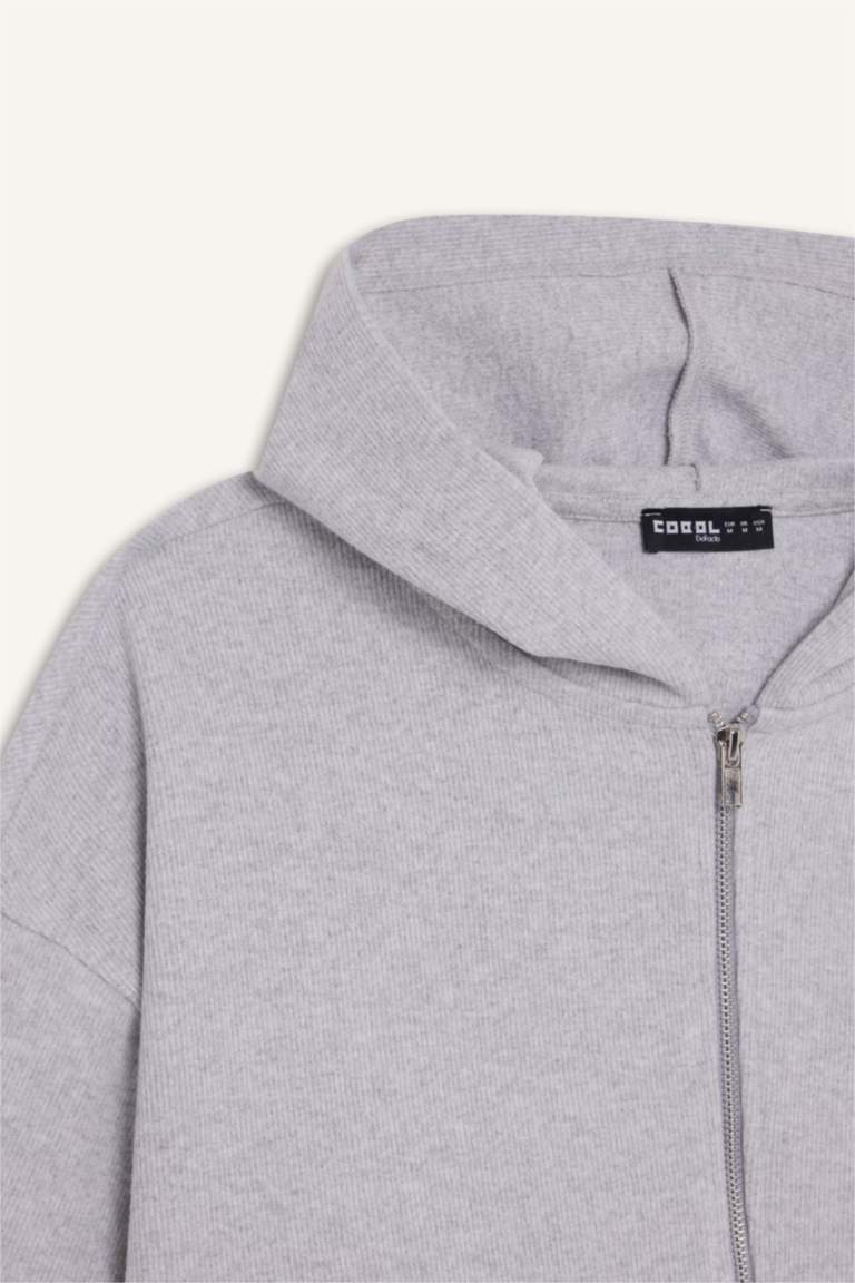 Coool Loose Fit Basic Düz Kapüşonlu Fermuarlı Sweatshirt
