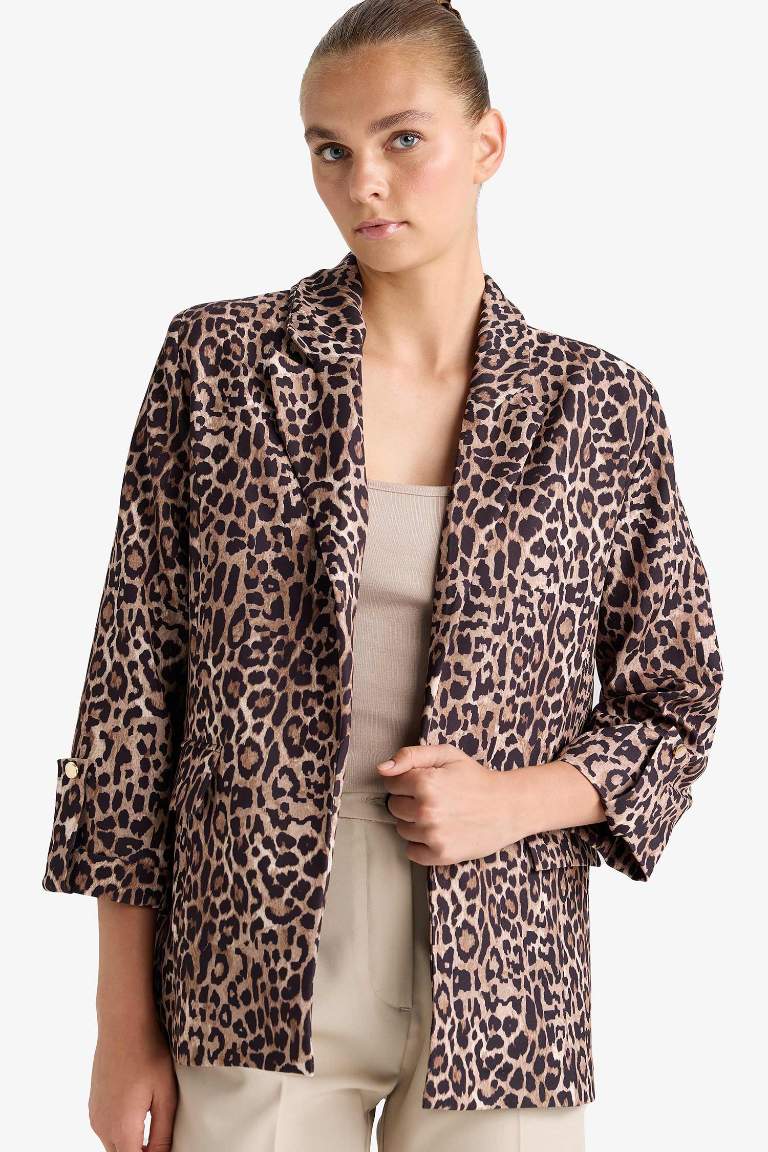 Loose Fit Ceket Yaka Leopar Desenli Blazer Ceket
