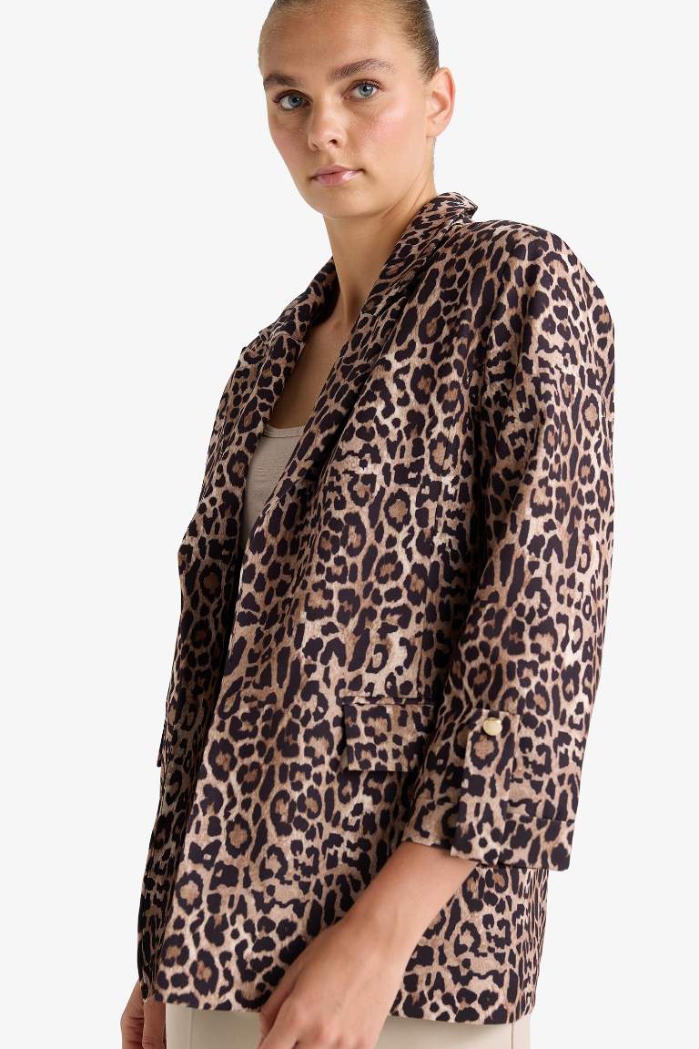Loose Fit Ceket Yaka Leopar Desenli Blazer Ceket