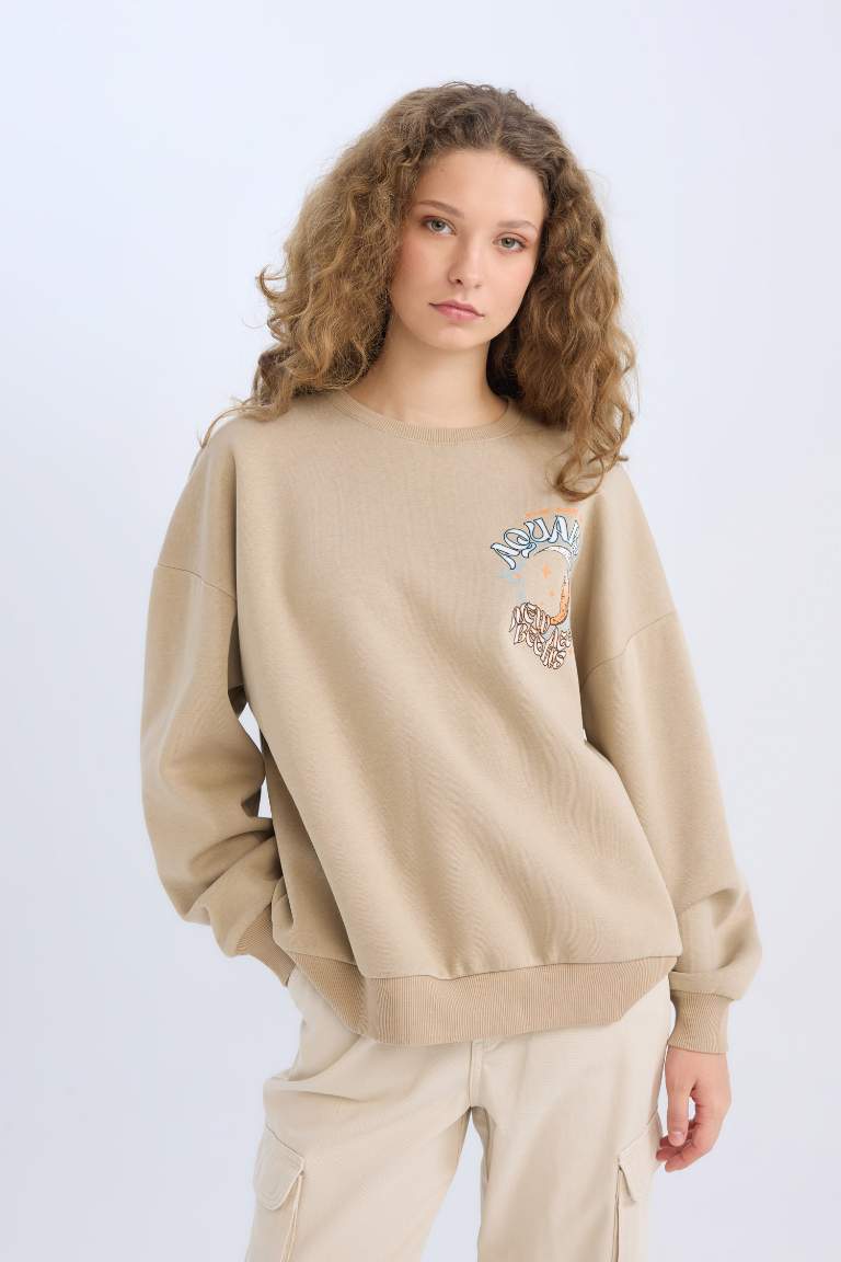 Loose Fit Crew Neck Back Printed Thick Sweatshirt