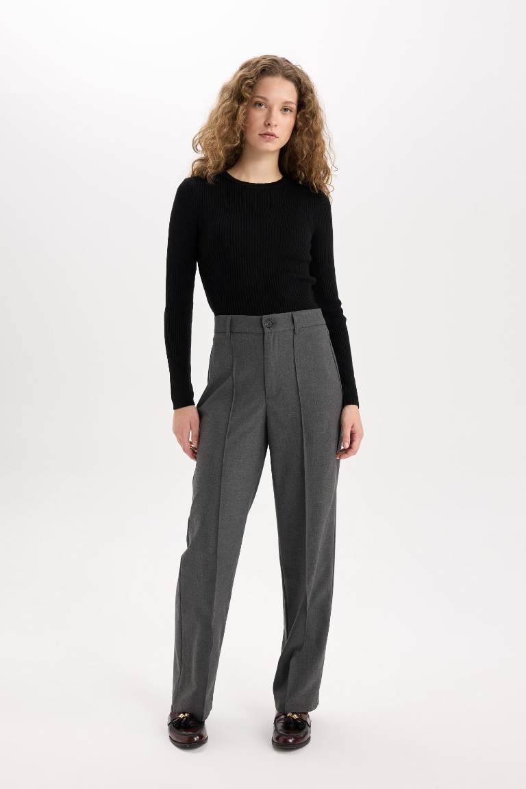 Wide Leg Klasik Kumaş Pantolon Normal Bel Geniş Paça Standart Boy