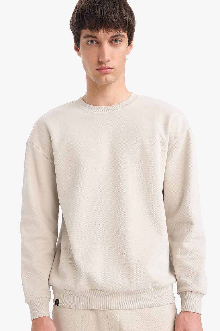 Boxy Fit Crew Neck Basic Pique Sweatshirt