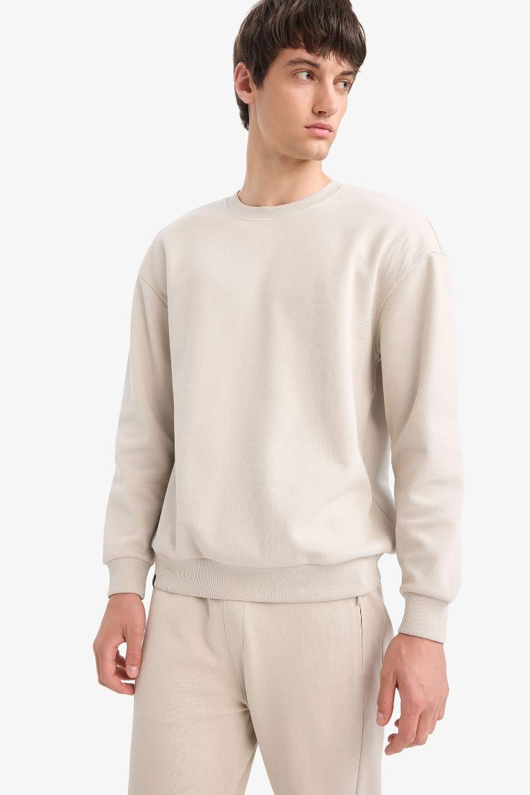 Boxy Fit Crew Neck Basic Pique Sweatshirt